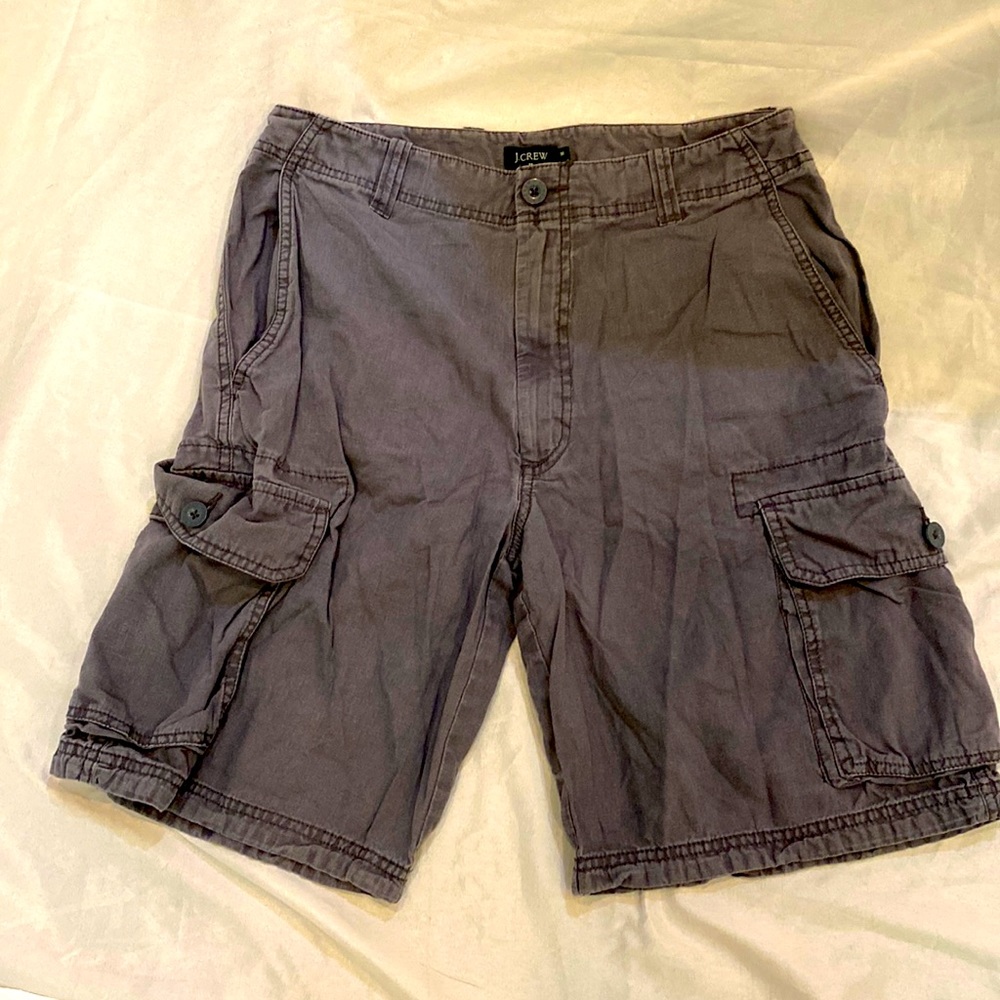 J Crew Grey Linen & Cotten Cargo Shorts in washed Steel Gray 8” inseam VGUC 30”